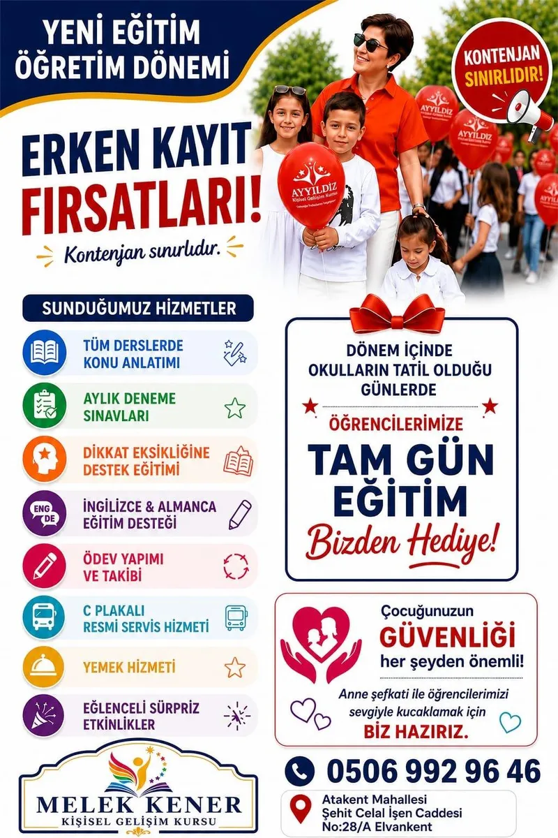 Melek Kener Kurs Erken Kayıt Fırsatları afişi - servis, yemek, etkinlik dahil
